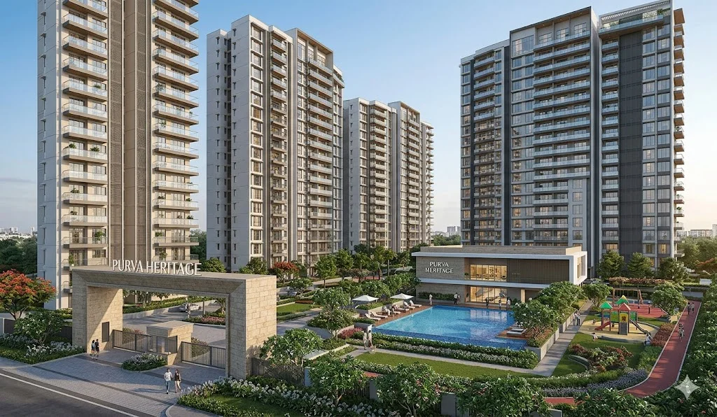 Main elevation and landscape view of Purva Heritage residential apartment complex in Bangalore.